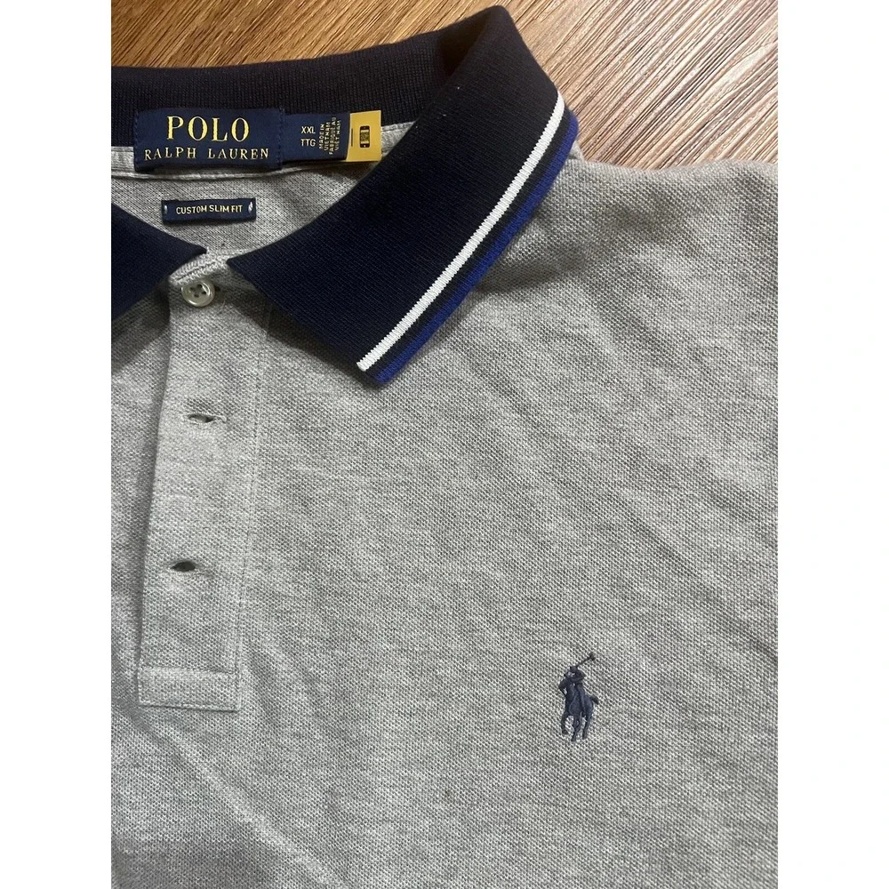 POLO Ralph Lauren Size‎ XXL Gray With Blue Collar Short Sleeve Custom Slim Fit